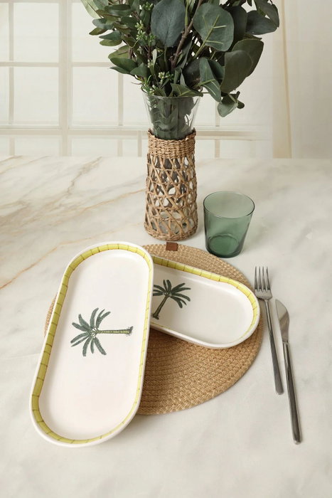 Hermia Set de Platos de Cerámica Blanco, Verde y Amarillo (2 Piezas) de 26 x 12 cm